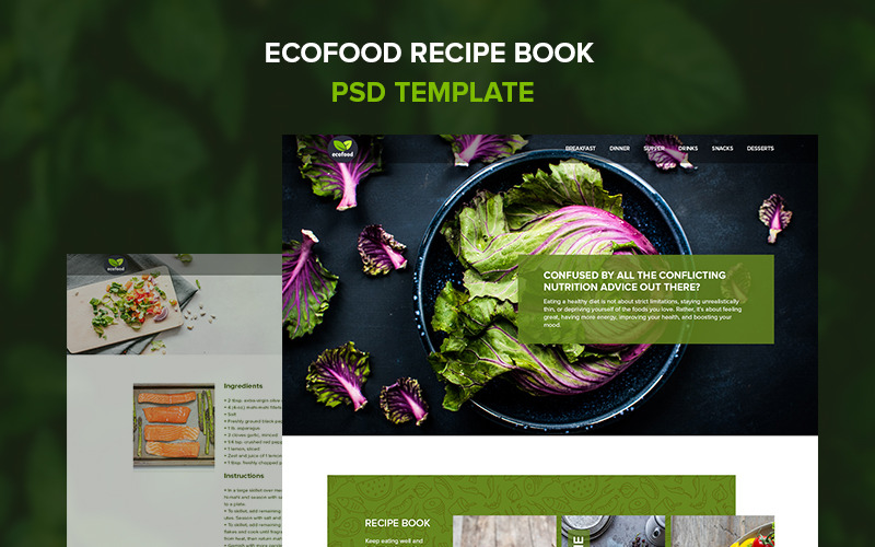 Download PSD шаблон "Ecofood - recipe book PSD Template" / Ecofood - recipe book PSD Template - Адаптивный PSD шаблон на тему кулинария healthy eco nutritious energy nutrition diet recipe food drinks greenery fruits vegetables breakfast snacks dinner lunch fitness proteine
