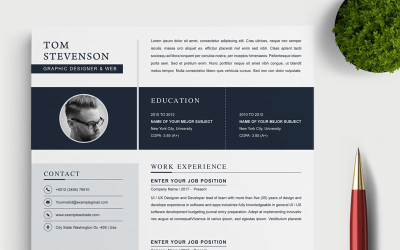 Download Резюме "Tom Stevenson Resume Template" / Tom Stevenson Resume Template - Резюме на тему графика 2 page a4 clean cv design elegant resume female feminine infographic letter minimalist modern portfolio professional indesign minimal pages