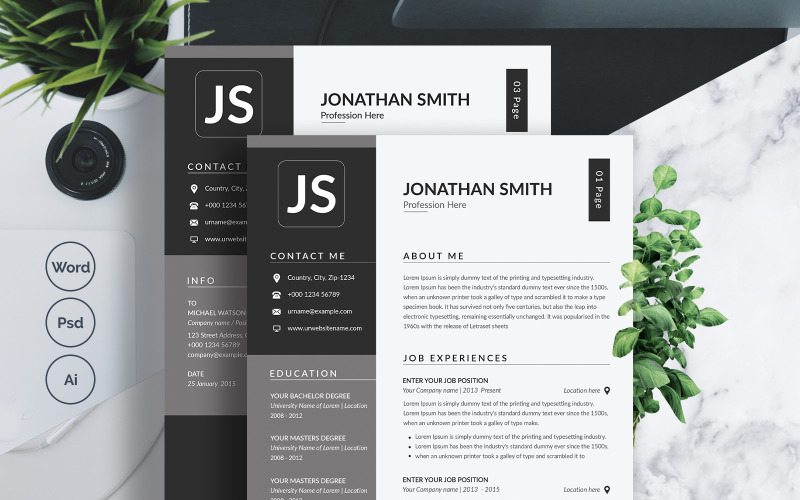 Download Резюме "Jonathan Smith Resume Template" / Jonathan Smith Resume Template - Резюме на тему графика 1,page,resume,2,3,clean,cover,letter,creative,cv,template,design,document,microsoft,word,minimalist,modern,photoshop,psd,professional