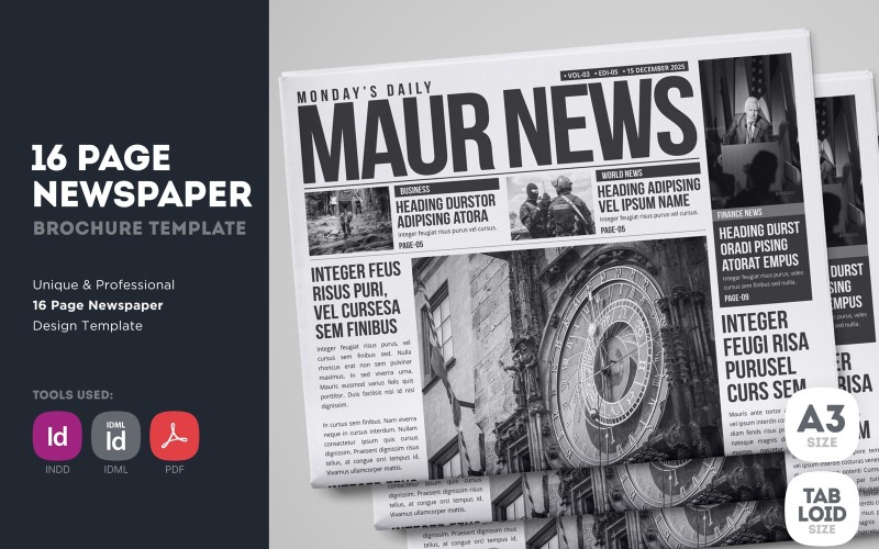 MaurNews - Ontwerpsjabloon voor 16 pagina's voor kranten