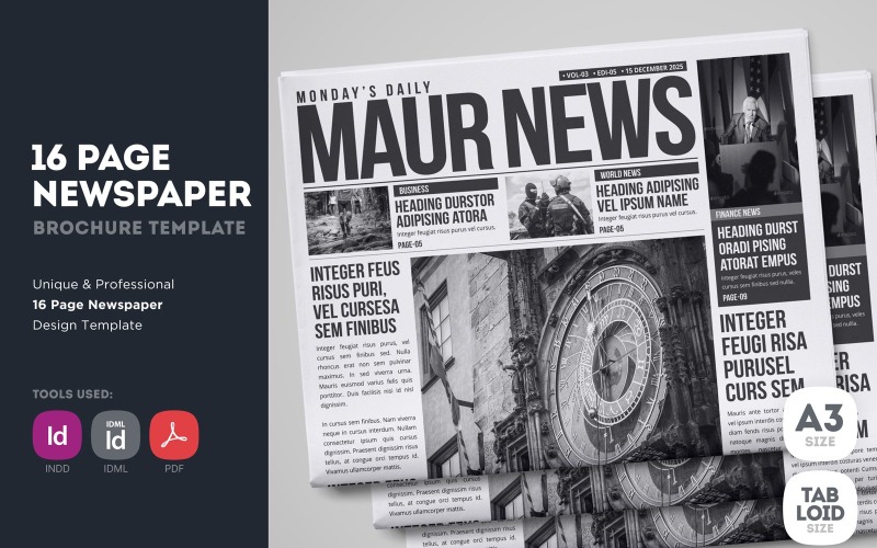 MaurNews - Plantilla de diseño de periódico de 16 páginas