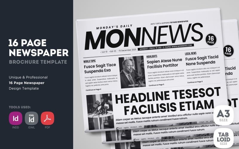 MonNews - 16 Sayfalık Gazete Tasarım Şablonu