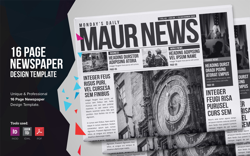 Download Фирменный стиль "Newsvibe - 16 Page Newspaper Design - Corporate Identity Template" / Newsvibe - 16 Page Newspaper Design - Corporate Identity Template - Фирменный стиль на тему графика 16page newspaper newsletter business buy corporate daily weekly education graphic design indesign jurnalist modern monthly bundle small study template youth