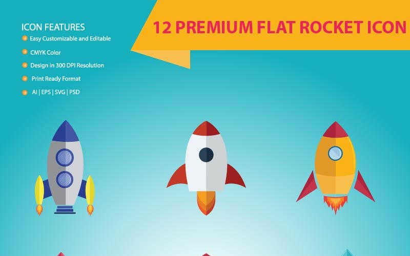 12 Premium platte raket pictogramserie