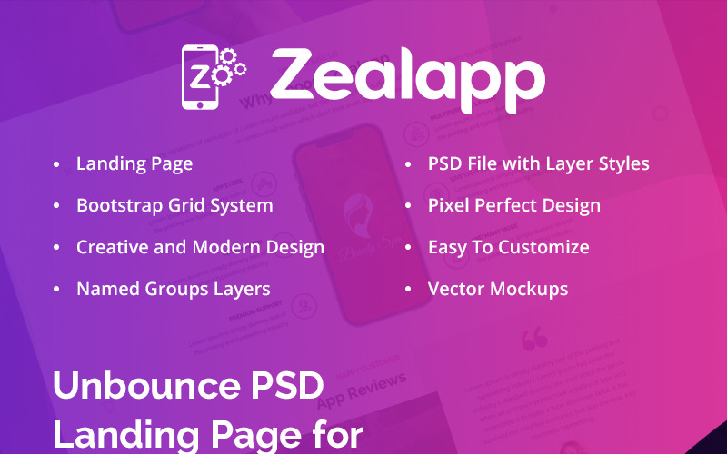 Šablona PSD vstupní stránky Zealapp