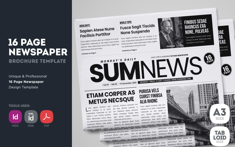 SumNews - Plantilla de diseño de periódico de 16 páginas