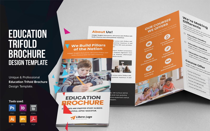 Download Фирменный стиль "Emodo - Education School Trifold Brochure - Corporate Identity Template" / Emodo - Education School Trifold Brochure - Corporate Identity Template - Фирменный стиль на тему графика education brochure leaflet trifold catalog flyer school college design study tutor student real estate travel tour medical healthcare minimal multipurpose