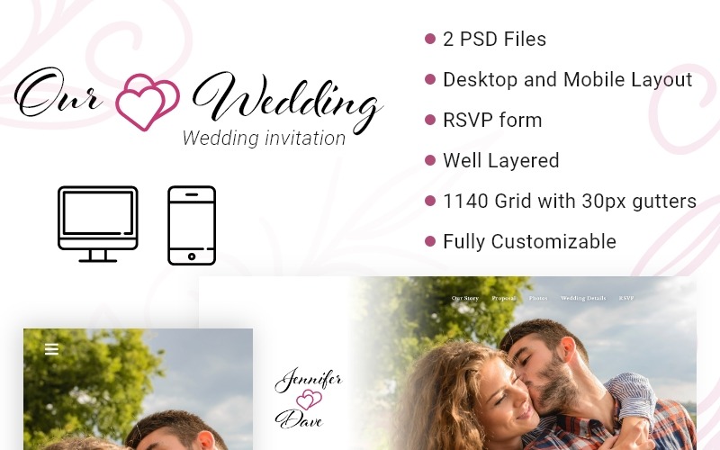 Download PSD шаблон "Our Wedding PSD Template" / Our Wedding PSD Template - Адаптивный PSD шаблон на тему графика wedding invite weddinginvitation love clean modern psd template