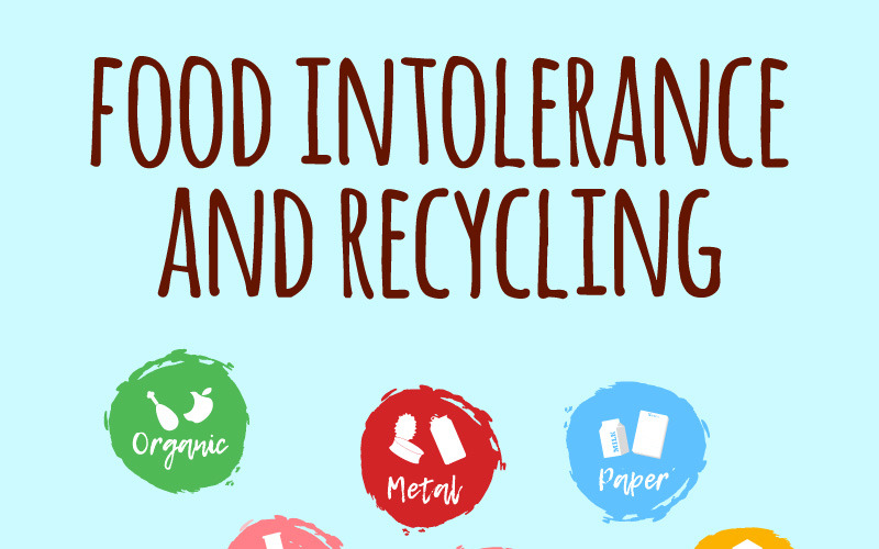 Insieme dell'icona di etichette di riciclaggio e intolleranza alimentare