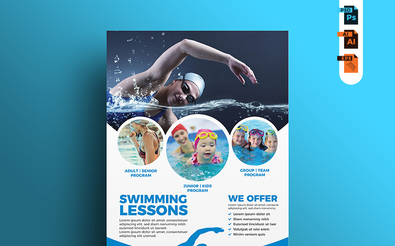 Download Фирменный стиль "Swimming Lessons Flyer - Corporate Identity Template" / Swimming Lessons Flyer - Corporate Identity Template - Фирменный стиль на тему графика kids swimming flyer lessons class training pool sport teacher sports aam360 swim swimming-lessons template kids-swimming hotel-pool activities summer drops water