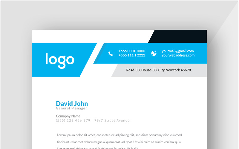 Download Фирменный стиль "Blue and Black Letterhead - Corporate Identity Template" / Blue and Black Letterhead - Corporate Identity Template - Фирменный стиль на тему графика professional illustration logo style letter corporate print layout creative abstract corporation contract business letterhead headline vector company design identity paper