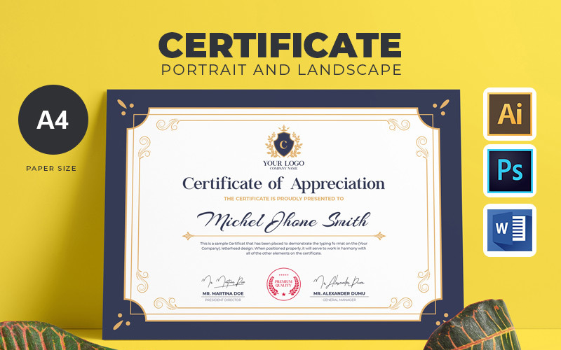 Download Шаблон сертификата "Multipurpose Certificate Template" / Multipurpose Certificate Template - Шаблон сертификата на тему графика achievement acknowledgement appraisal appreciation award certificate ai psd template word certification corporate diploma employee excellence frame graduation modern ms paper
