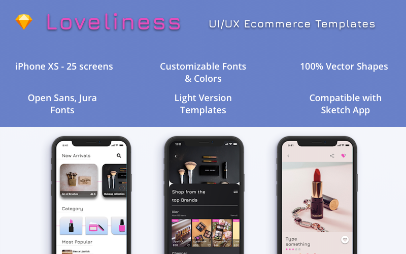 Loveliness - Conjunto de compras de comercio electrónico de moda UI/UX para iPhone XS Sketch Template