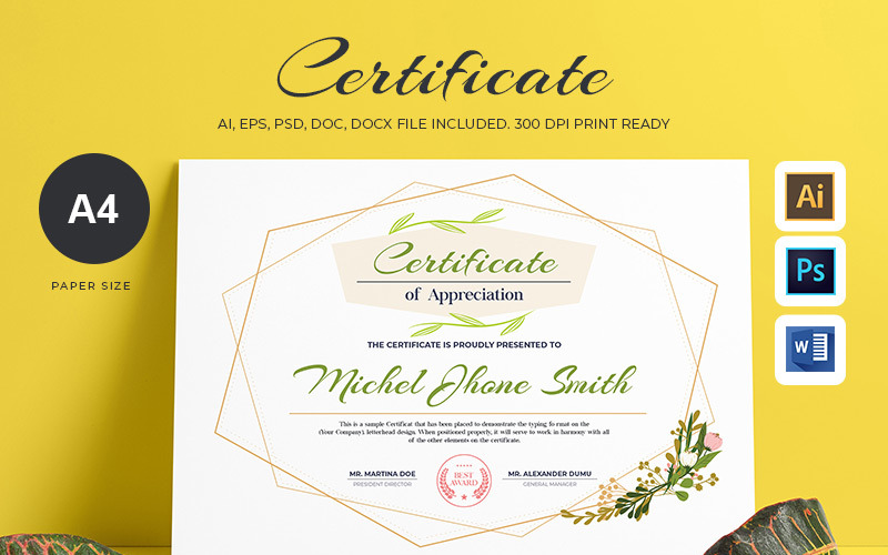 Download Шаблон сертификата "Creative & Elegant Certificate Template" / Creative & Elegant Certificate Template - Шаблон сертификата на тему графика achievement acknowledgement appraisal appreciation award certificate ai psd template word certification corporate diploma employee excellence frame graduation modern ms paper