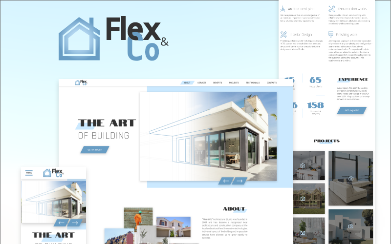 Download PSD шаблон "Flex & Co - Architectural and Construction Agency PSD Template" / Flex & Co - Architectural and Construction Agency PSD Template - PSD шаблон на тему графика architecture interior design construction apartment renovation and houses business work services benefits landing page template