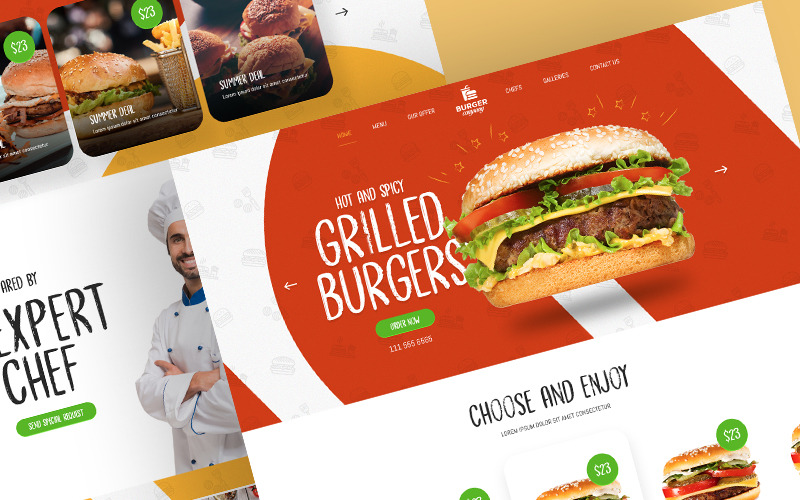 Download PSD шаблон "Food Industry - Food & Restaurant PSD Template" / Food Industry - Food & Restaurant PSD Template - PSD шаблон на тему графика food bakery bar cafe desert drink meal menu reservation restaurant shop store burger fast pizza orange yellow psd web ui