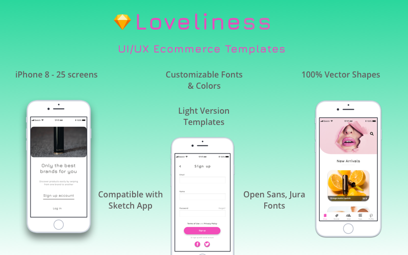 Loveliness – UI/UX UI/UX divat e-kereskedelmi bevásárlókészlet iPhone 8 vázlatsablonhoz