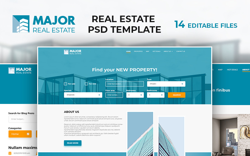 Download PSD шаблон "Major - Real Estate PSD Template" / Major - Real Estate PSD Template - PSD шаблон на тему графика real estate creative selling buy rent property house home building