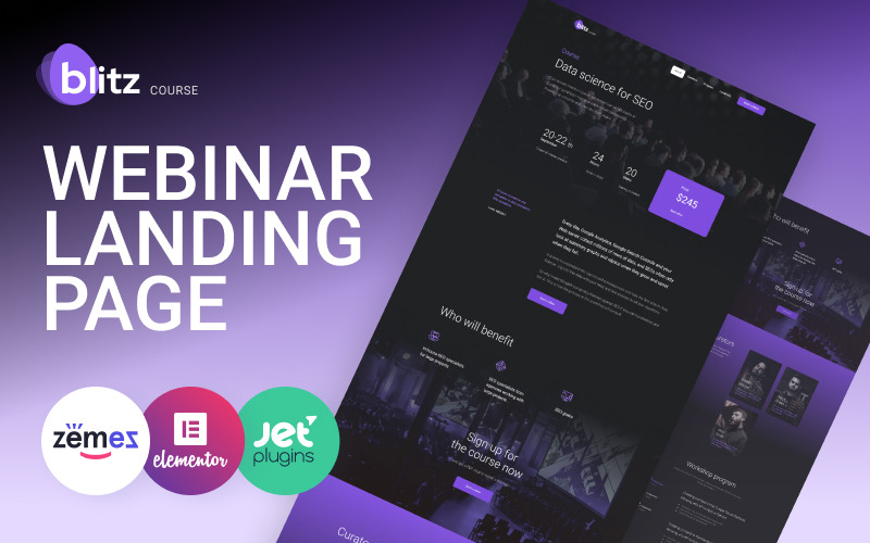 Blitz - Webinar landingspagina WordPress-thema voor websites van virtuele evenementen