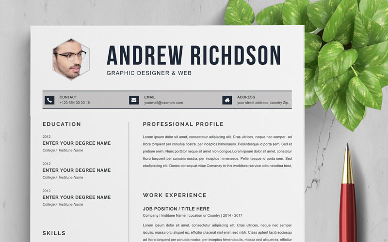 Download Резюме "Anderw Resume Template" / Anderw Resume Template - Резюме на тему графика 2 page a4 clean cv design elegant resume female feminine infographic letter minimalist modern portfolio professional indesign minimal pages