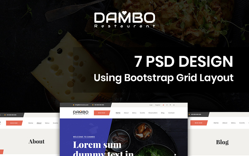 Download PSD шаблон "Dambo Restaurant - Restaurant PSD Template" / Dambo Restaurant - Restaurant PSD Template - PSD шаблон на тему еда и ресторан photoshop theme template psd food drinks restaurant