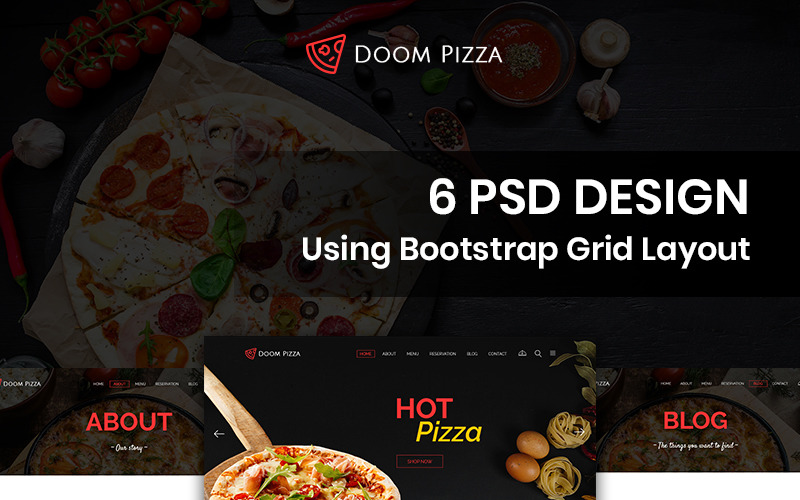 Download PSD шаблон "Doom Pizza - Pizza PSD Template" / Doom Pizza - Pizza PSD Template - PSD шаблон на тему пиццерия pizza restaurant theme template psd photoshop