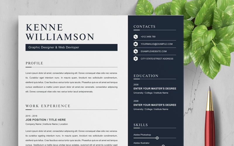 Download Резюме "Kenne Willia Resume Template" / Kenne Willia Resume Template - Резюме на тему графика 2 page a4 clean cv design elegant resume female feminine infographic letter minimalist modern portfolio professional indesign minimal pages