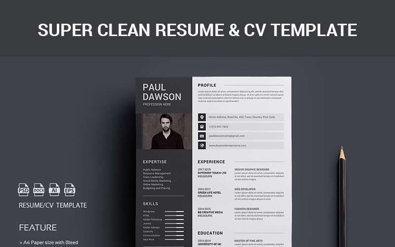 Download Резюме "Paul Dawson CV Resume Template" / Paul Dawson CV Resume Template - Резюме на тему графика a4 clean resume creative cv doc elegant template cv word infographic modern professional design indesign minimalist portfolio set word simple
