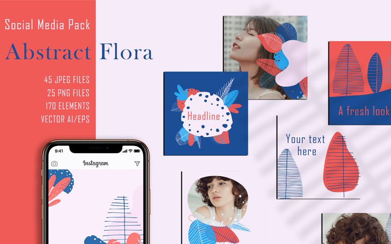 Download Шаблон для соцсетей "Abstract Flora - Pack Social Media Template" / Abstract Flora - Pack Social Media Template - Шаблон для соцсетей на тему графика instagram,post,element,decorative,botanica,abstract,marketing,social,blogger,photographer,portfolio,flora,branding,fashion,png,jpeg,happy,easter,postcards,background