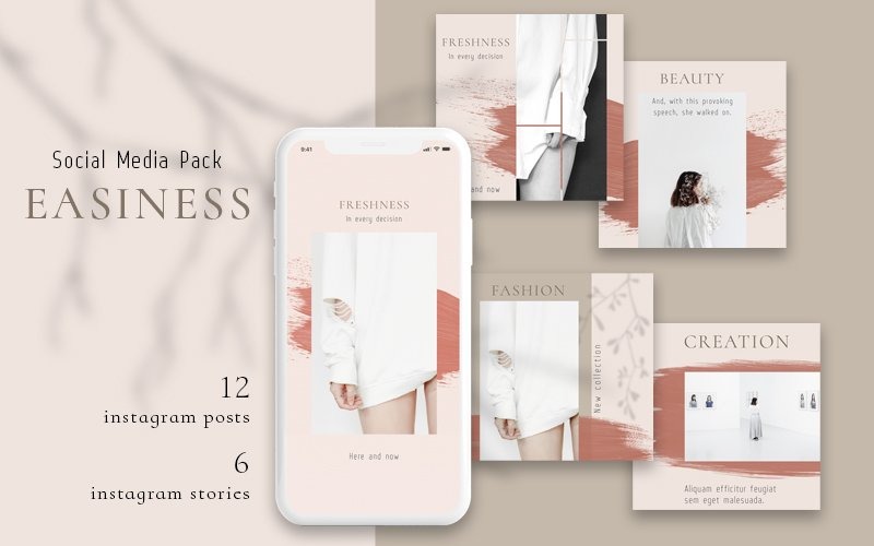 Download Шаблон для соцсетей "Easiness - Pack Social Media Template" / Easiness - Pack Social Media Template - Шаблон для соцсетей на тему графика blog,facebook,instagram,template,minimal,popular,post,stories,ads,banner,lifestyle,modern,marketing,trendy,store,bright,strokes,design,beauty,fashion