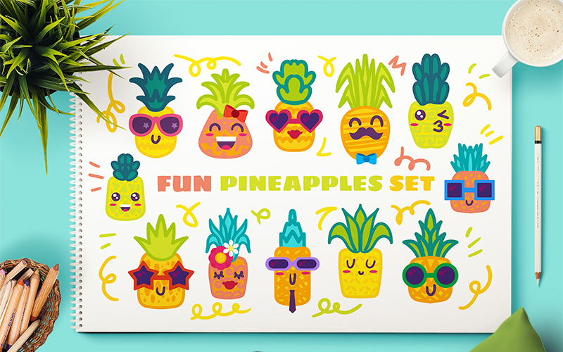 Download Иллюстрация "Fun Pineapple Charscters Set - Illustration" / Fun Pineapple Charscters Set - Illustration - Иллюстрация на тему графика ananas emoji emoticon exotic food fruit hand drawn media pineapple set smile kawaii social sticker tropical funny childish cute different