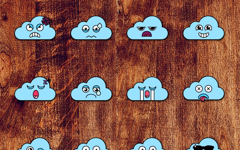 Download Иллюстрация "Nice Cloud Smiles Set - Illustration" / Nice Cloud Smiles Set - Illustration - Иллюстрация на тему графика weather cloud storage data nature mood climate cartoon sticker set emoji emoticon emotion social media face smile cute happy sad