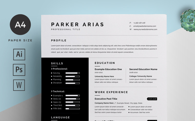 Download Резюме "Arias Resume Template" / Arias Resume Template - Резюме на тему графика page,resume,template,ms,word,cover,letter,clean,docx,photoshop,illustrator,infographic,cv,design,a4,creative,minimalist,black,1,2
