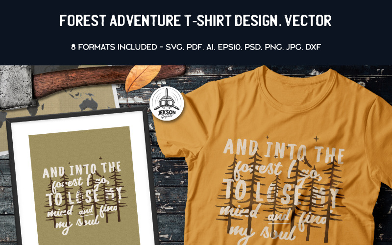 Download T-shirt Design "Forest Adventure - T-shirt Design" / Forest Adventure - T-shirt Design - T-shirt Design на тему графика camping logo summer badge patch design outdoors wanderlust camp travel adventure insignia hiking t-shirt print branding label forest tee graphic