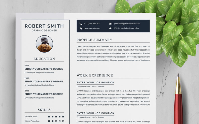 Download Резюме "Robert Resume Template" / Robert Resume Template - Резюме на тему графика 2 page a4 clean cv design elegant resume female feminine infographic letter minimalist modern portfolio professional indesign minimal pages