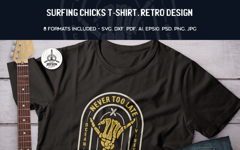 Download T-shirt Design "Surfing Chicks . Retro Design - T-shirt Design" / Surfing Chicks . Retro Design - T-shirt Design - T-shirt Design на тему графика logo summer badge patch design outdoors svg camp travel adventure insignia t-shirt print branding label surfing skeleton vintage retro tee