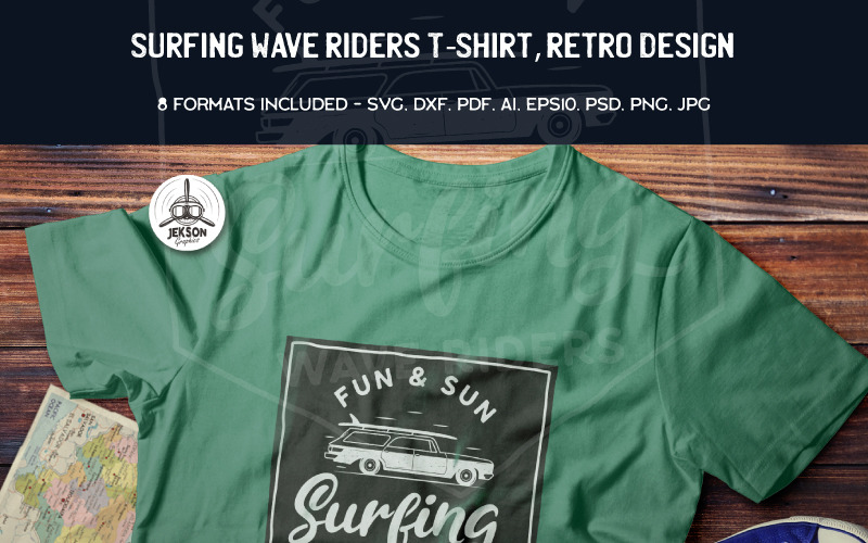 Download T-shirt Design "Surfing Wave Riders Retro Design - T-shirt Design" / Surfing Wave Riders Retro Design - T-shirt Design - T-shirt Design на тему графика summer badge patch design outdoors svg wanderlust camp travel adventure insignia t-shirt print branding label surfing car retro