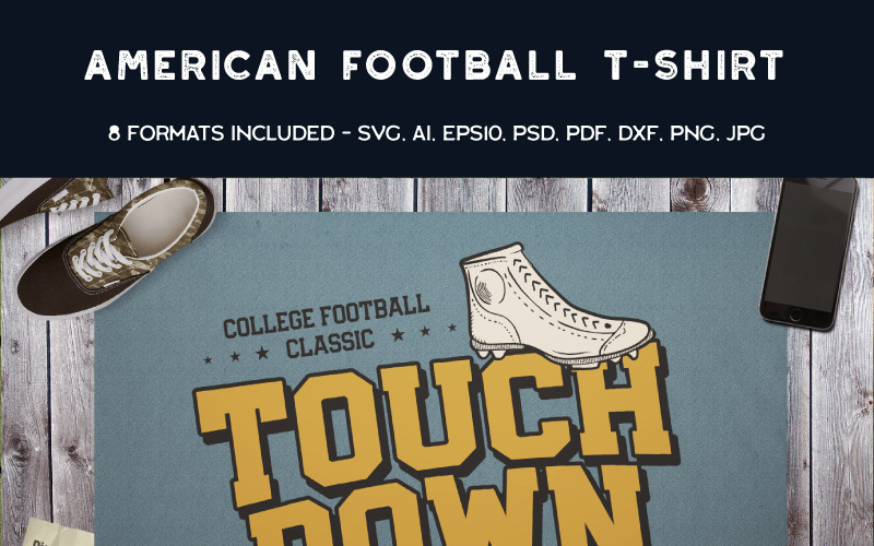 Download T-shirt Design "American Football Touch Down - T-shirt Design" / American Football Touch Down - T-shirt Design - T-shirt Design на тему графика american football t-shirt touch down rugby soccer retro vintage print sports label badge logo typography usa us graphics