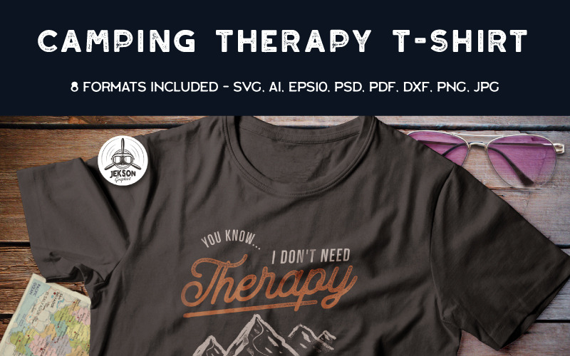 Download T-shirt Design "Camping Therapy. Retro Adventure - T-shirt Design" / Camping Therapy. Retro Adventure - T-shirt Design - T-shirt Design на тему графика camping logo summer badge patch design outdoors svg wanderlust camp travel icon mountains adventure insignia hiking t-shirt print branding label
