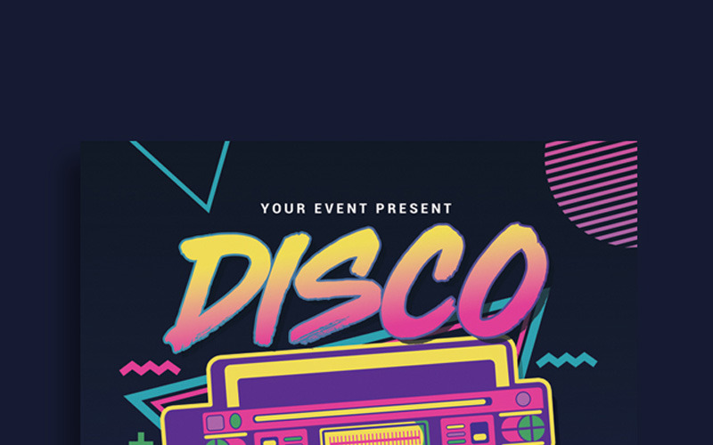 Download Фирменный стиль "Disco Retro Music Party - Corporate Identity Template" / Disco Retro Music Party - Corporate Identity Template - Фирменный стиль на тему графика 60&amp;#039;s 70&amp;#039;s 80s 90&amp;#039;s black boombox box club color colorful cool dance disco eighties flash flyer girl invitation karaoke neon