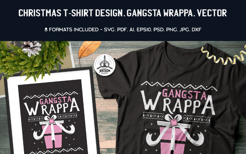 Download T-shirt Design "Gangsta Wrappa Christmas - T-shirt Design" / Gangsta Wrappa Christmas - T-shirt Design - T-shirt Design на тему графика christmas party holiday xmas vector logo print sweater new year ugly branding decoration template set svg bundle badges tags t-shirt