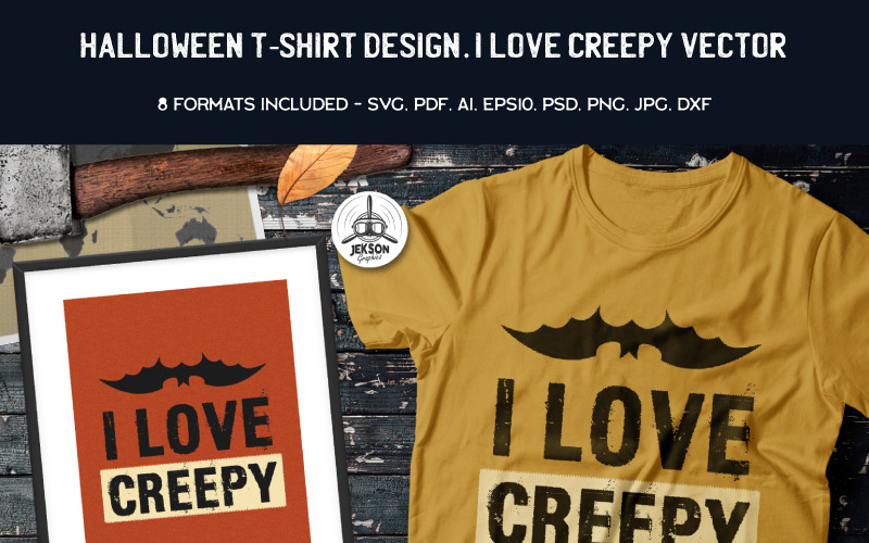 Download T-shirt Design "I Love Creepy Halloween - T-shirt Design" / I Love Creepy Halloween - T-shirt Design - T-shirt Design на тему графика halloween t-shirt creepy love bat holiday tee graphic template design boo vector psd retro vintage graphics