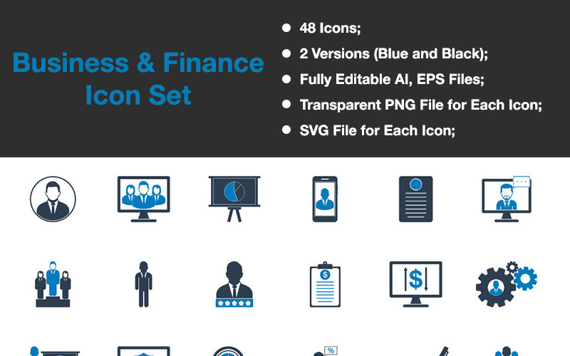 Download Набор иконок "Business & Finance - Premium Vector Icon Set" / Business & Finance - Premium Vector Icon Set - Набор иконок на тему графика business finance icon set businessman presentation review analysis chart pie online transaction team group document security insurance success bag suitcase