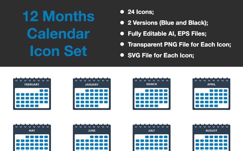 12 Months Calendar Icon Set #88533 - TemplateMonster