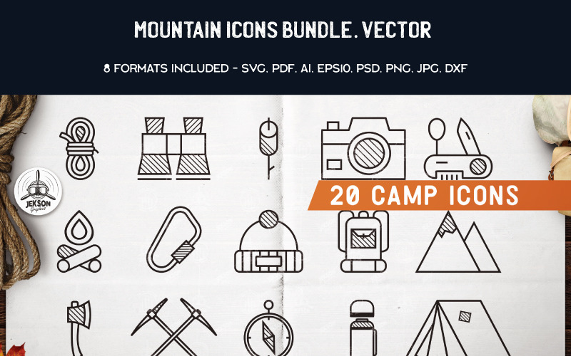 Download Иллюстрация "20 Mountains Line Art Icons - Illustration" / 20 Mountains Line Art Icons - Illustration - Иллюстрация на тему графика camping logo summer badge patch design outdoors svg wanderlust camp travel icon mountains adventure insignia hiking t-shirt print branding label