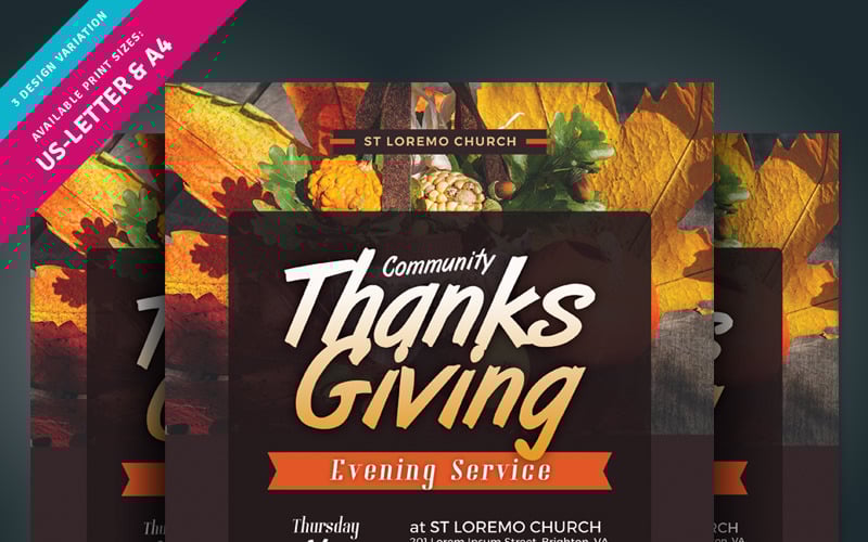 Download Фирменный стиль "Thanksgiving Service Flyer - Corporate Identity Template" / Thanksgiving Service Flyer - Corporate Identity Template - Фирменный стиль на тему графика dinner thanksgiving party day family potluck leaflet pamphlet flyer poster food dish ad advert pumpkin fall service worship community evening