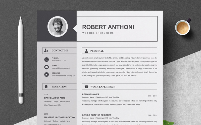 Download Резюме "Anthoni Resume Template" / Anthoni Resume Template - Резюме на тему графика 1 page resume 2 clean cv cover letter design template illustrator eps mac pages microsoft word modern photoshop psd professional
