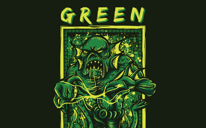 Download T-shirt Design "Green Monster - T-shirt Design" / Green Monster - T-shirt Design - T-shirt Design на тему графика illustration t-shirt design artwork apparel merch cartoon events fashion green creepy comic monster creature music tour collective