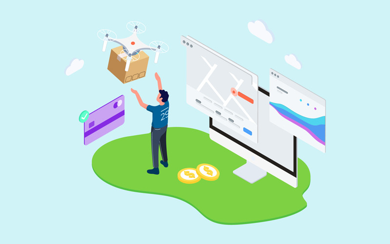 Download Иллюстрация "IOT Drone Delivery Isometric 2 - TU - Illustration" / IOT Drone Delivery Isometric 2 - TU - Illustration - Иллюстрация на тему графика isometric illustration blockchain platform finance report chart analysis growth device laptop bussiness strategy people design.