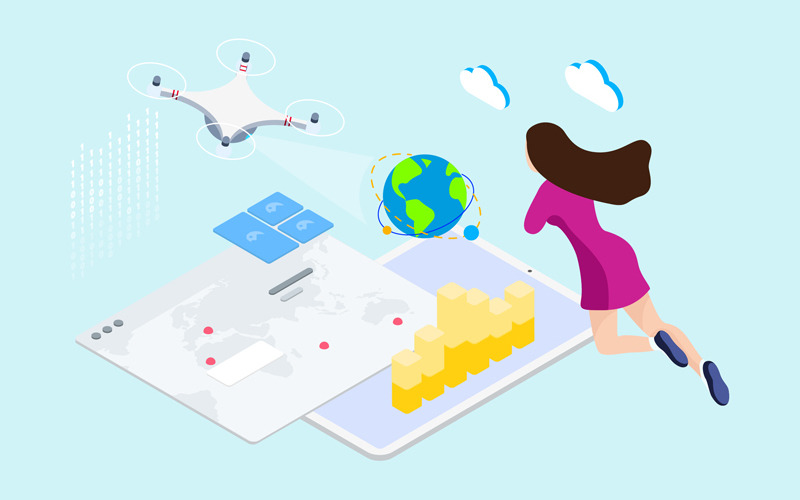 Download Иллюстрация "IOT Drone Survey And Map Isometric 1 - TU - Illustration" / IOT Drone Survey And Map Isometric 1 - TU - Illustration - Иллюстрация на тему графика isometric illustration blockchain platform finance report chart analysis growth device laptop bussiness strategy people design.